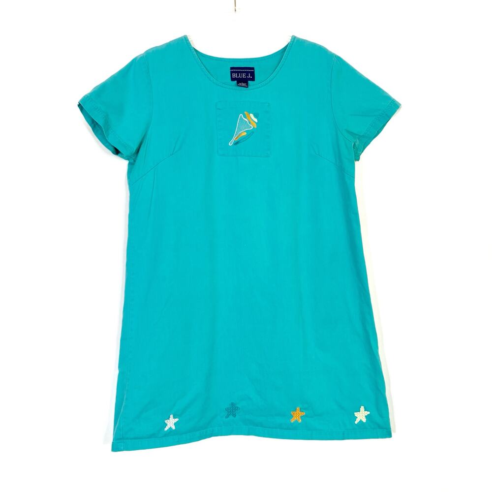 Blue J. Teal Blue Cotton Dress Seashell Casual Beach Vintage Short Sleeve Large